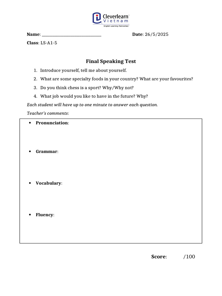 A1-Speaking Test Midterm | PDF