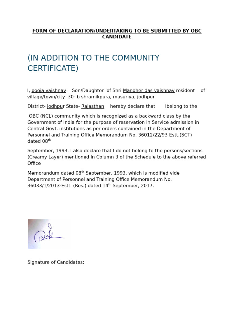 OBC Non-Creamy Layer Declaration Form | PDF
