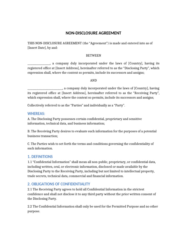 International NDA Agreement Template | PDF | Non Disclosure Agreement ...