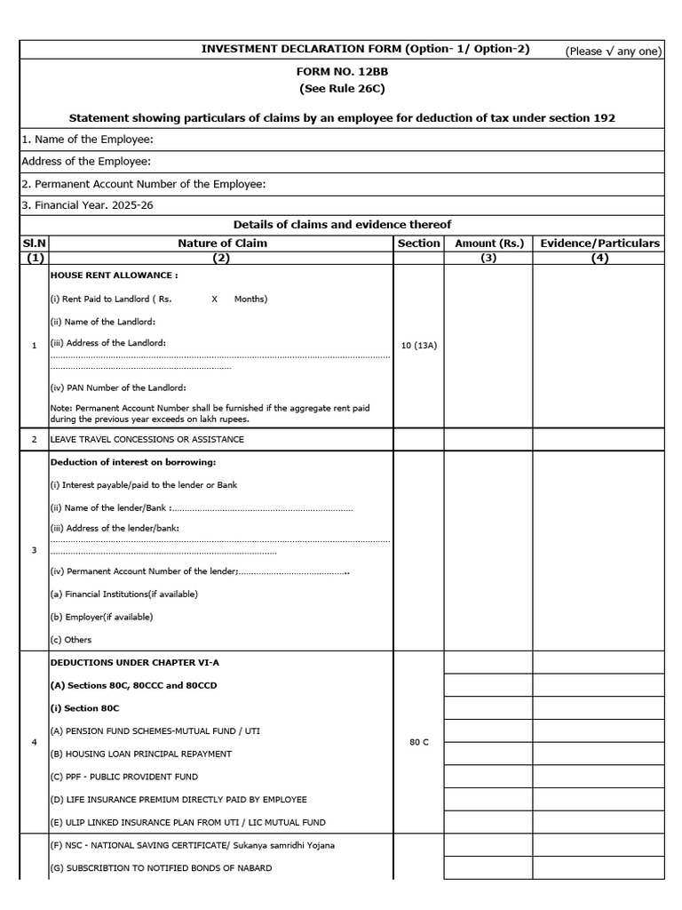 Investment Declaration Form FY 2025-26 | PDF | Taxes | Personal Finance