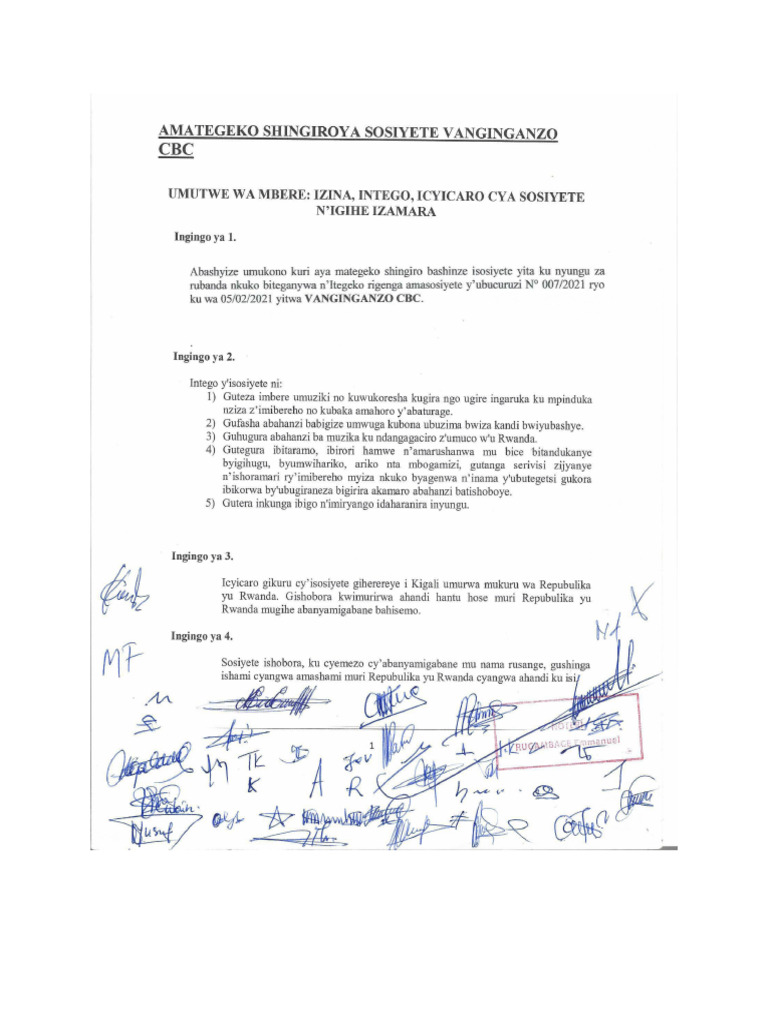 Amategeko Shingiro Ya Sosiyete VANGINGANZO CBC-1 | PDF