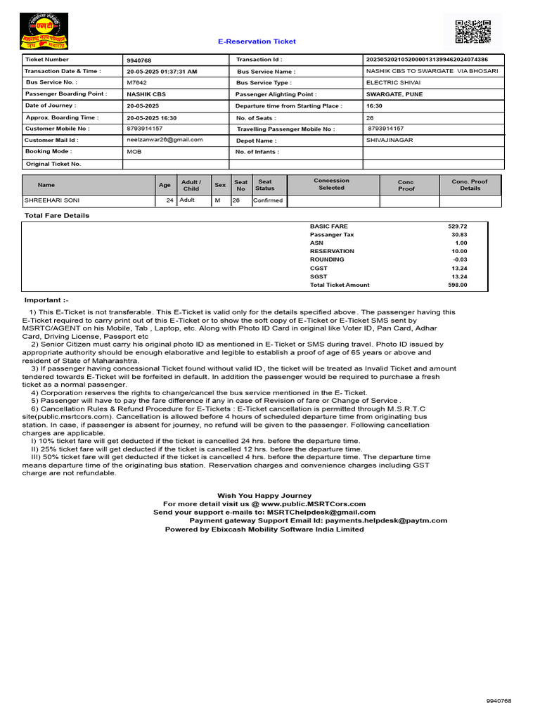 Shivai Electric Bus E-Ticket Details | PDF | Fare | Payments