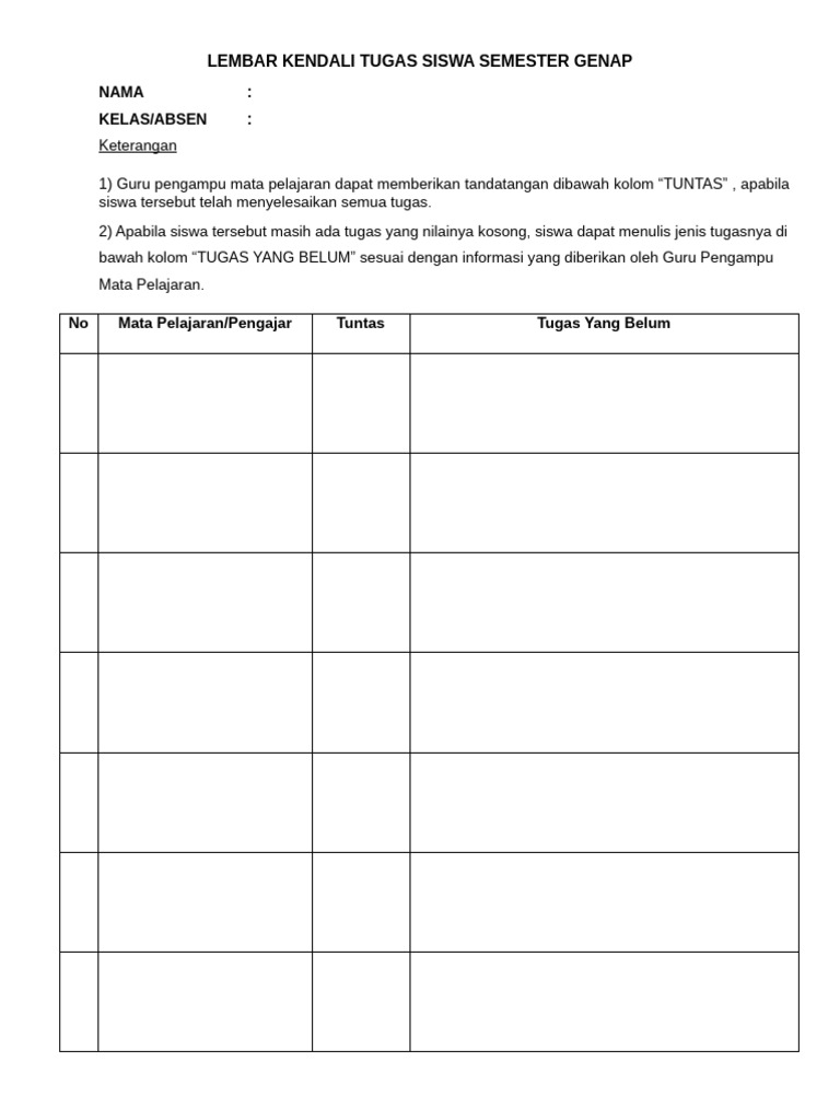 Lembar Kendali Tugas Siswa Semester Genap | PDF