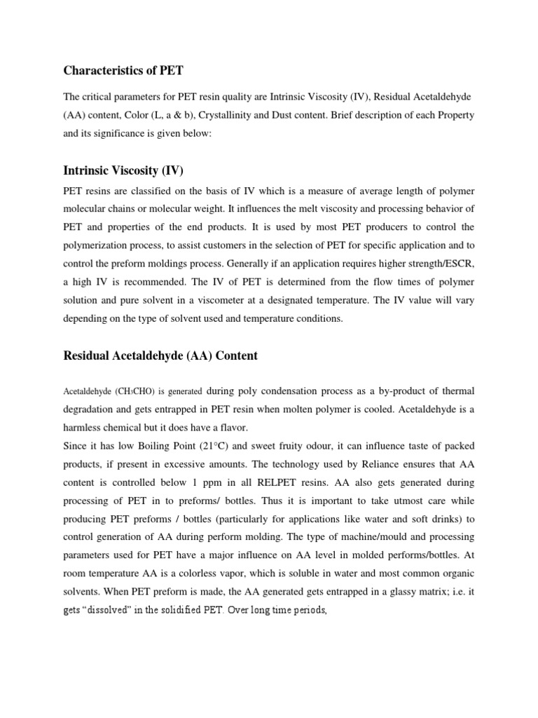 PET Resin Characteristics and Grades | PDF | Color | Polymers
