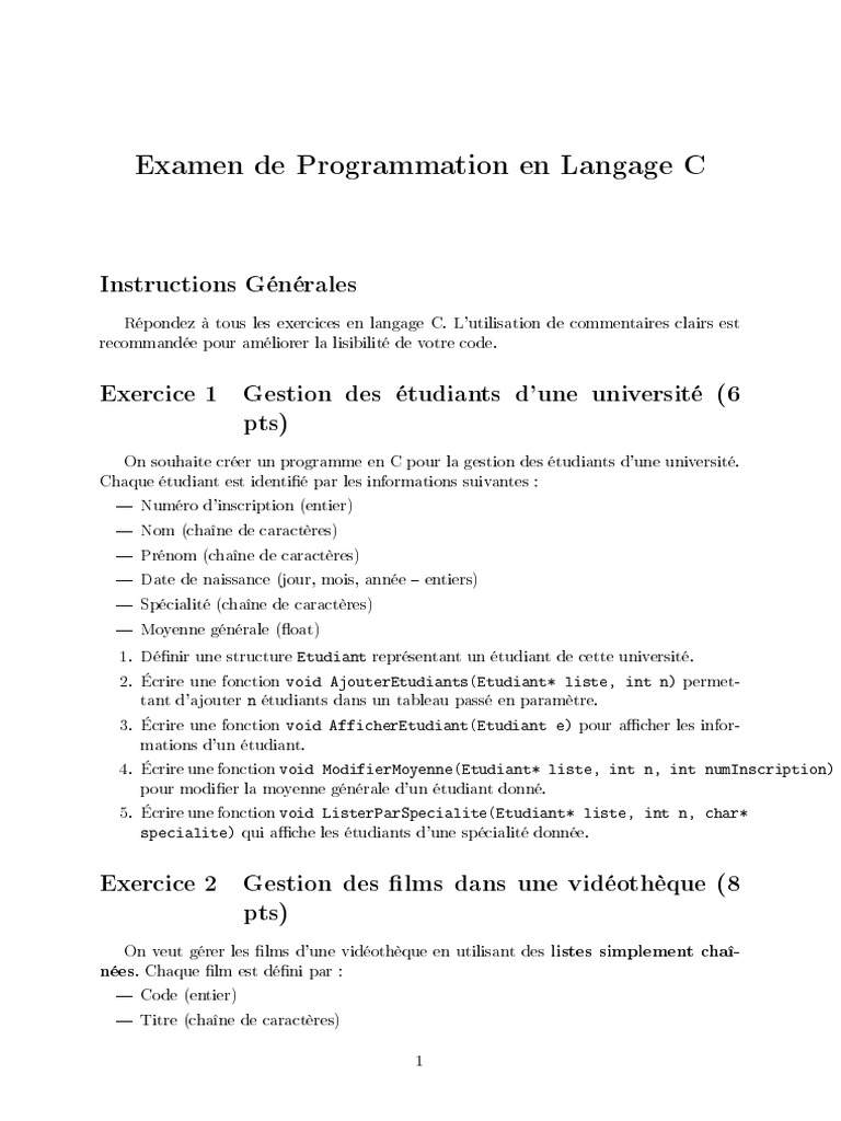 Examen de Programmation en C : Gestion d'Étudiants et Films | PDF | C ...