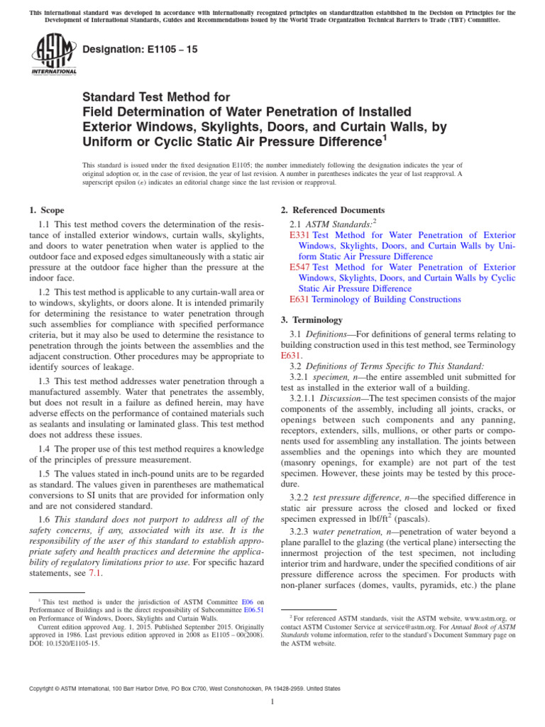 ASTM E1105 Water Penetration Test Guide | PDF