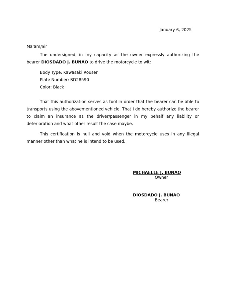 Motorcycle Authorization Letter | PDF