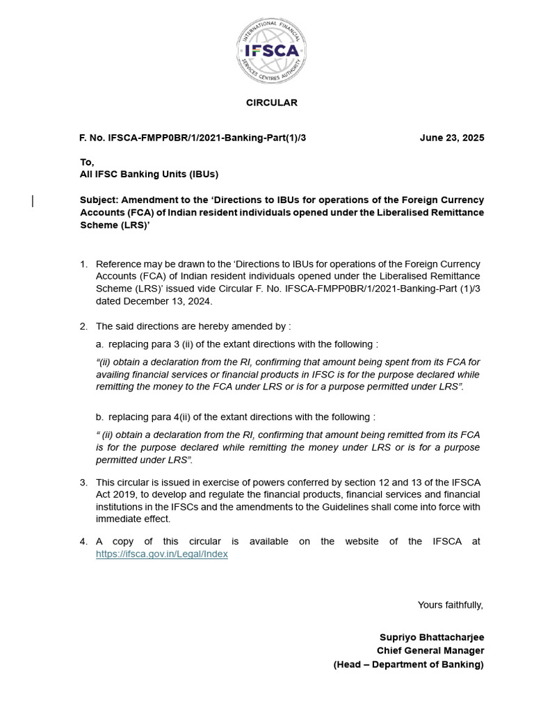 View of Amendatory Circular Operations of The FCA of RIs Opened Under LRS ...