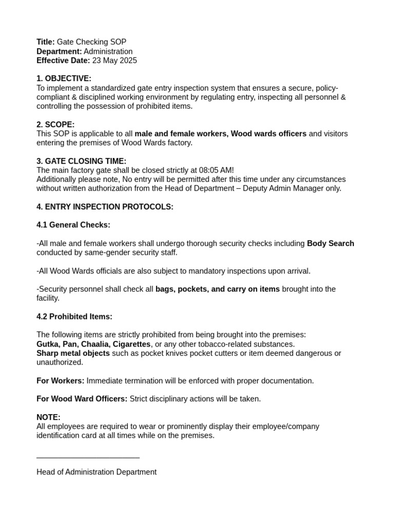 Gate Entry Inspection SOP | PDF
