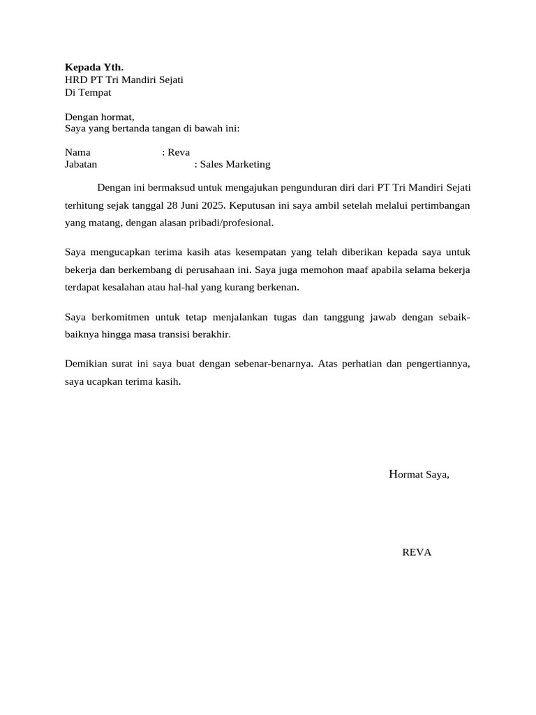 Surat Pengunduran Diri Reva | PDF