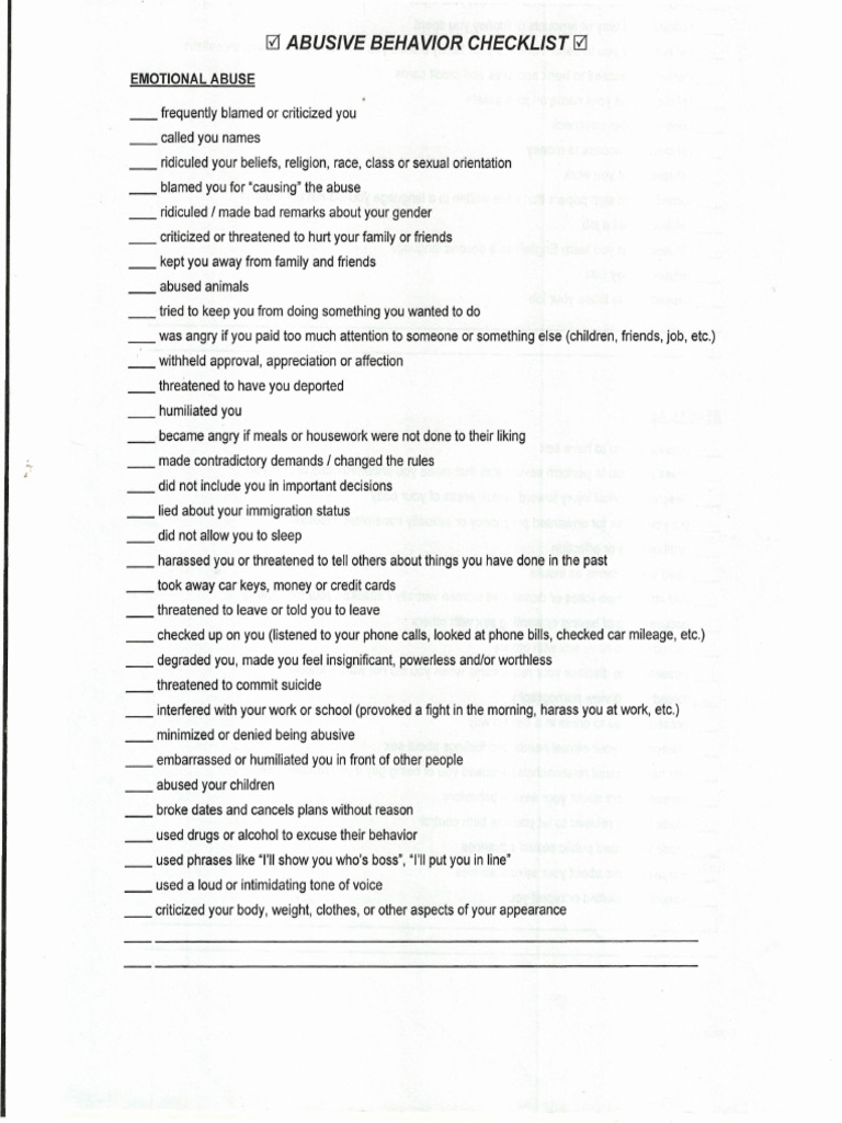 Abusive Behavior Checklist Guide | PDF | Sexual Intercourse | Human ...