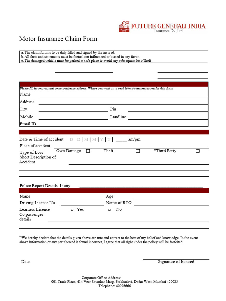Future Generali Motor Claim Form | PDF | Vehicle Insurance | Driver's ...