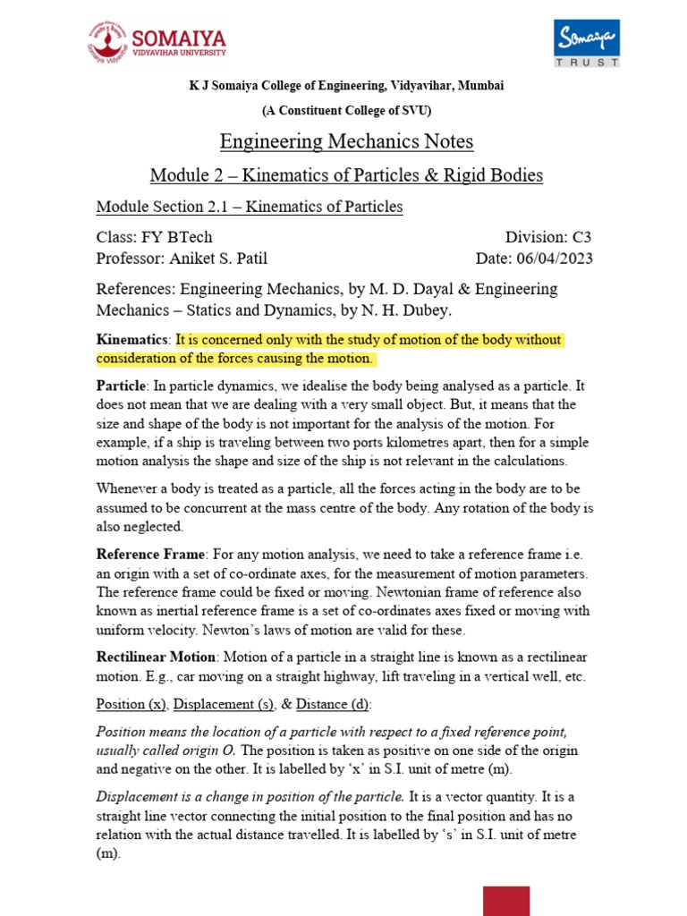 EM Notes - M2.1 (Kinematics of Particles) 2 | PDF | Acceleration | Velocity