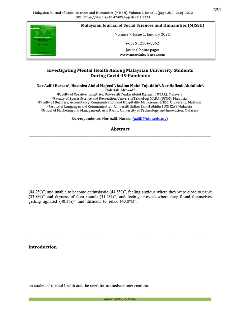 Investigating Mental Health Among Malaysian University Students During ...