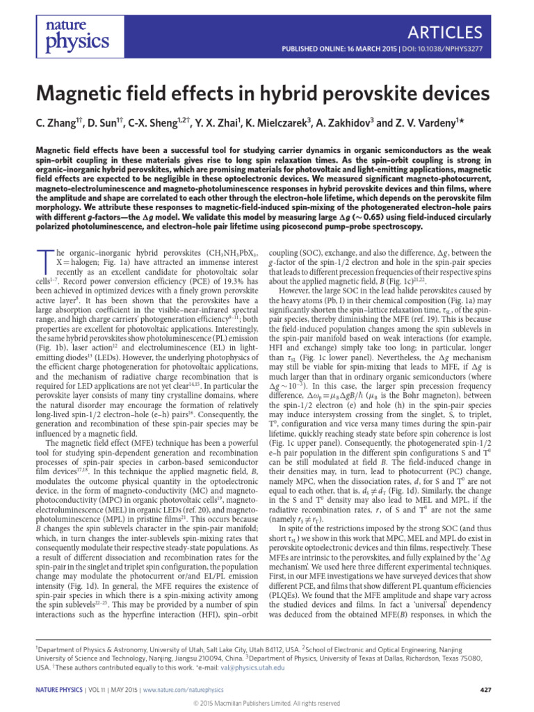 4 - Magnetic Field Effects in Hybrid Perovskite Devices - 2015 | PDF ...