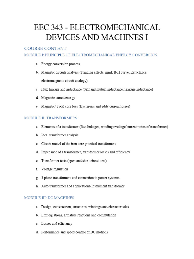 Electromechanical Devices Course Overview | PDF