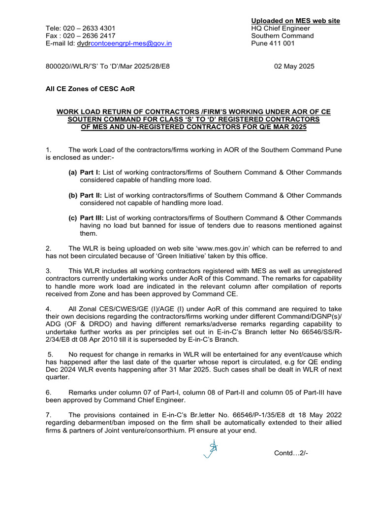 Contractor Work Load Return Q/E Mar 2025 | PDF
