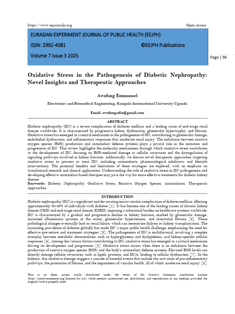 Oxidative Stress in The Pathogenesis of Diabetic Nephropathy: Novel ...