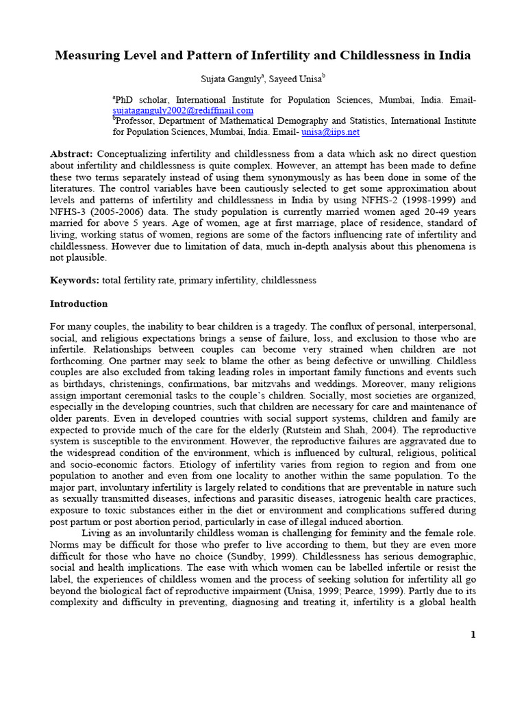 Measuring Level and Pattern of Infertility and Childlessness in India ...