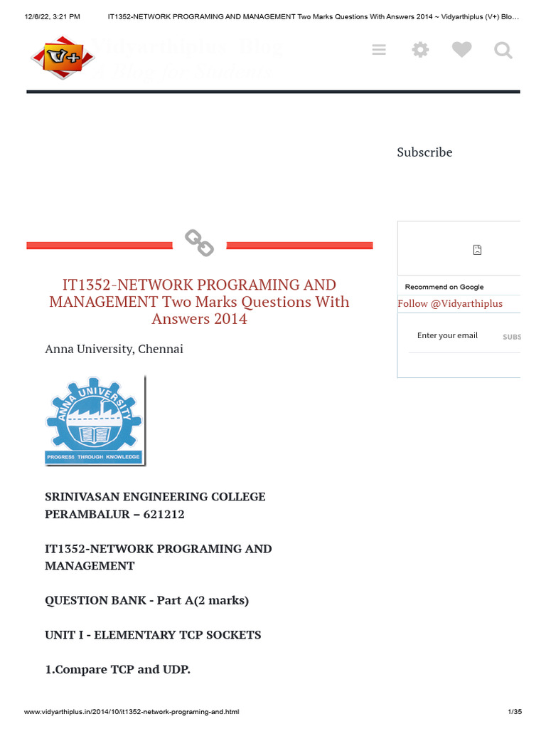 IT1352-NETWORK PROGRAMING and MANAGEMENT Two Marks Questions With ...