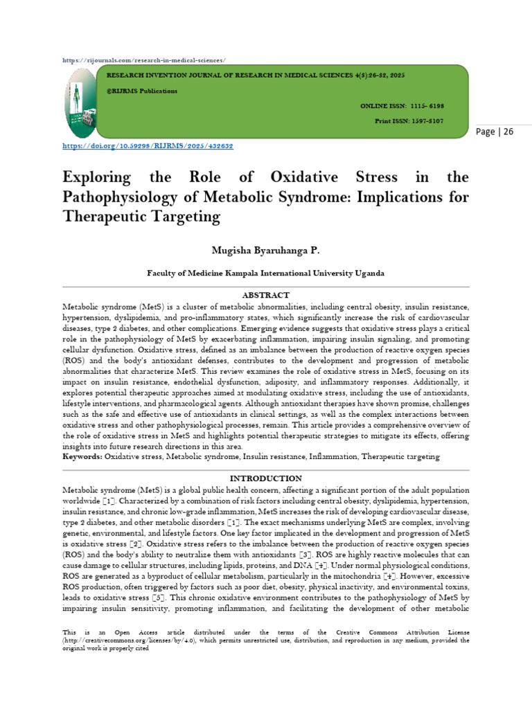 Exploring The Role of Oxidative Stress in The Pathophysiology of ...
