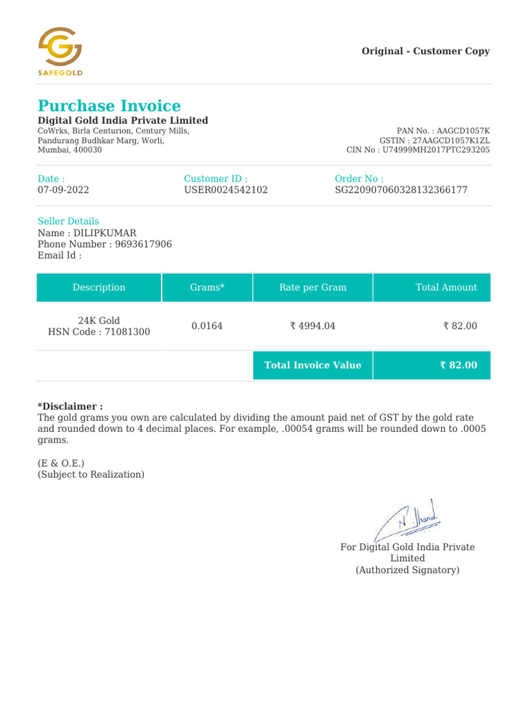 Digital Gold Purchase Invoice - User0024542102 | PDF