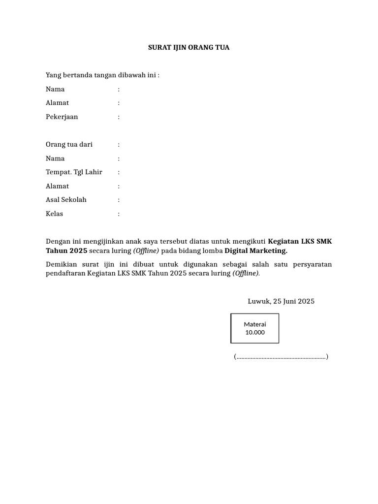 Surat Izin Orang Tua LKS SMK 2025 | PDF