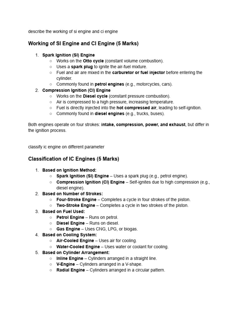 SI and CI Engine Working Explained | PDF | Internal Combustion Engine ...