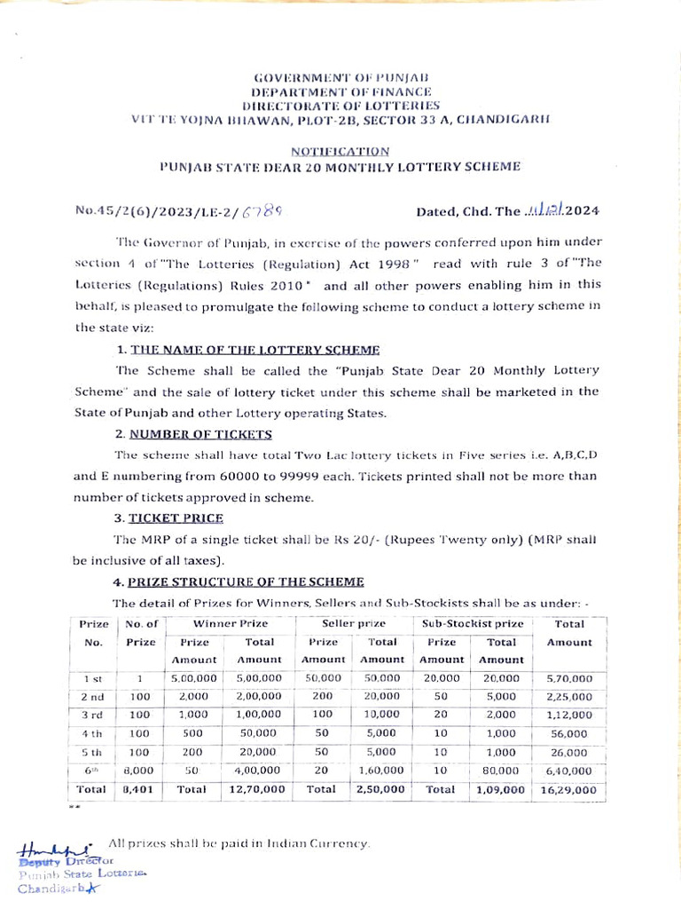 Punjab State Dear 20 Lottery Scheme 2025 | PDF | Lottery