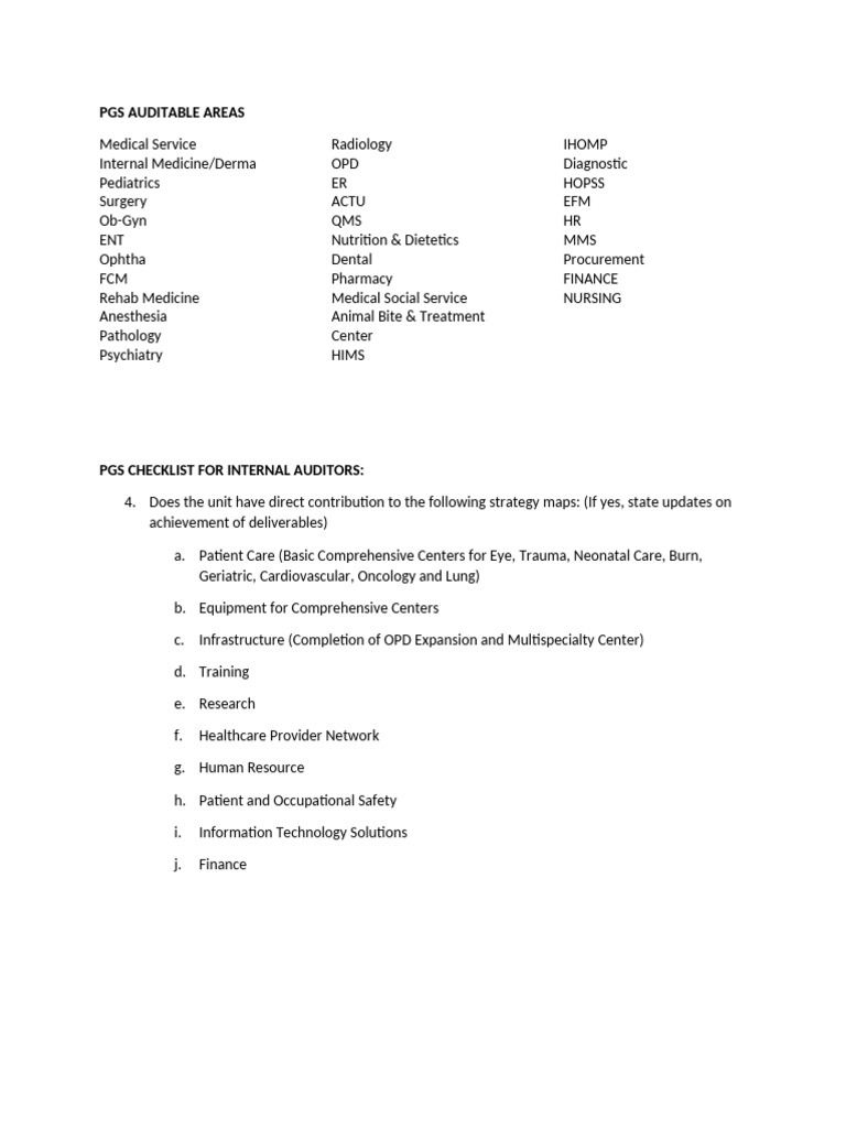 PGS Audit Areas and Internal Review Checklist | PDF