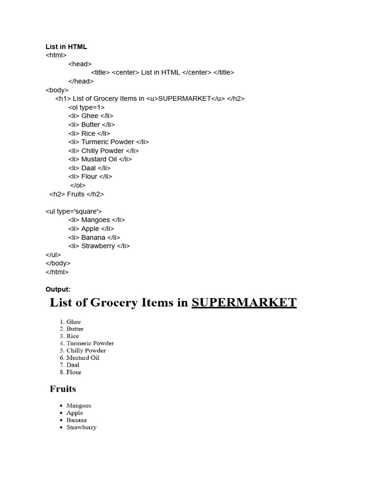 Grocery Items List in HTML | PDF
