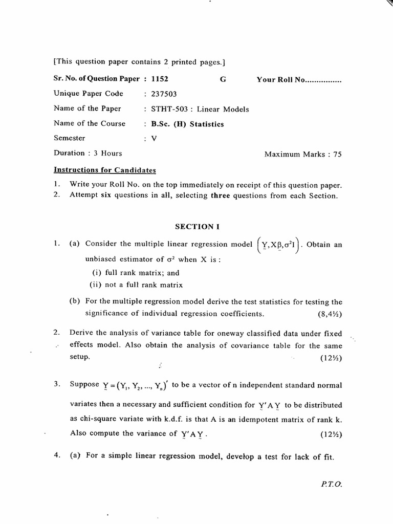 B.SC (H) V Statistics Stht-503 Linear Models-1152 | PDF