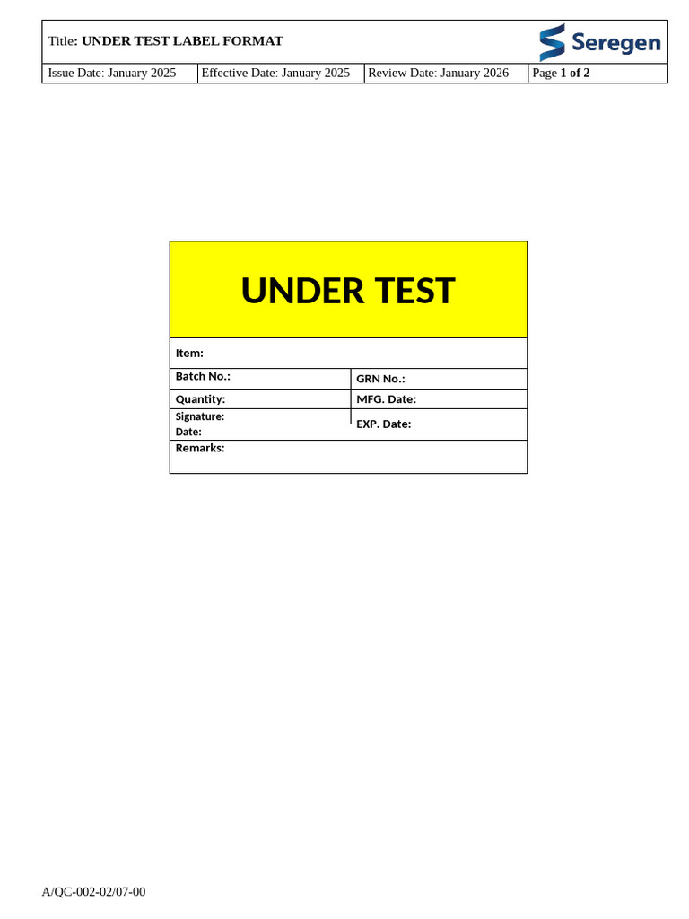Under Test Label Format Guide | PDF