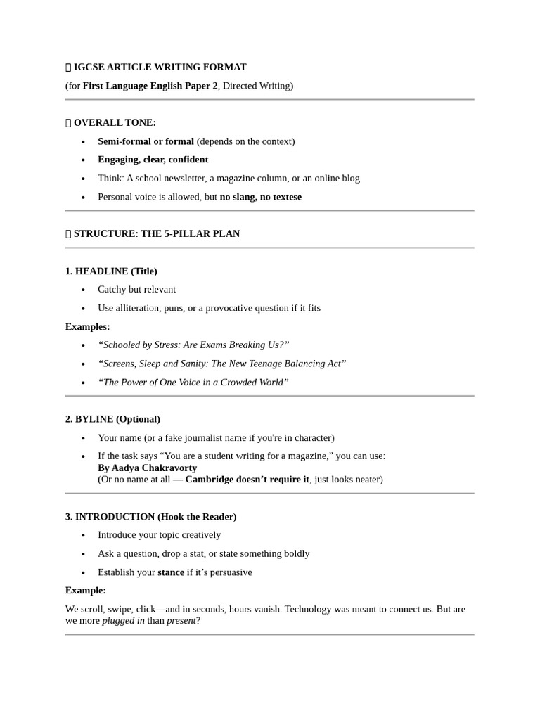 IGCSE Article Writing Structure Guide | PDF