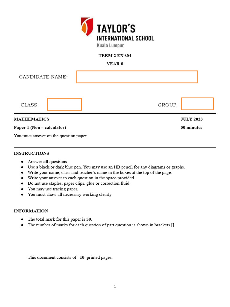 Year 8 Maths Exam Paper 2023 | PDF | Triangle | Euclidean Geometry