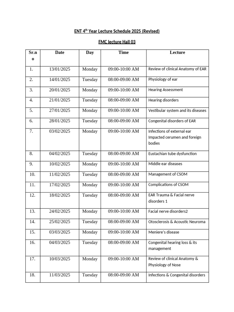 ENT 4th Year Lecture Schedule 2025 | PDF | Larynx | Human Nose