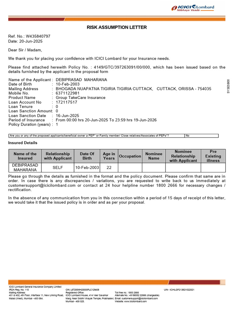 ICICI Lombard Risk Assumption Letter | PDF | Insurance