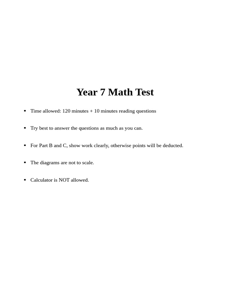 Year 7 Math Test Questions and Guidelines | PDF