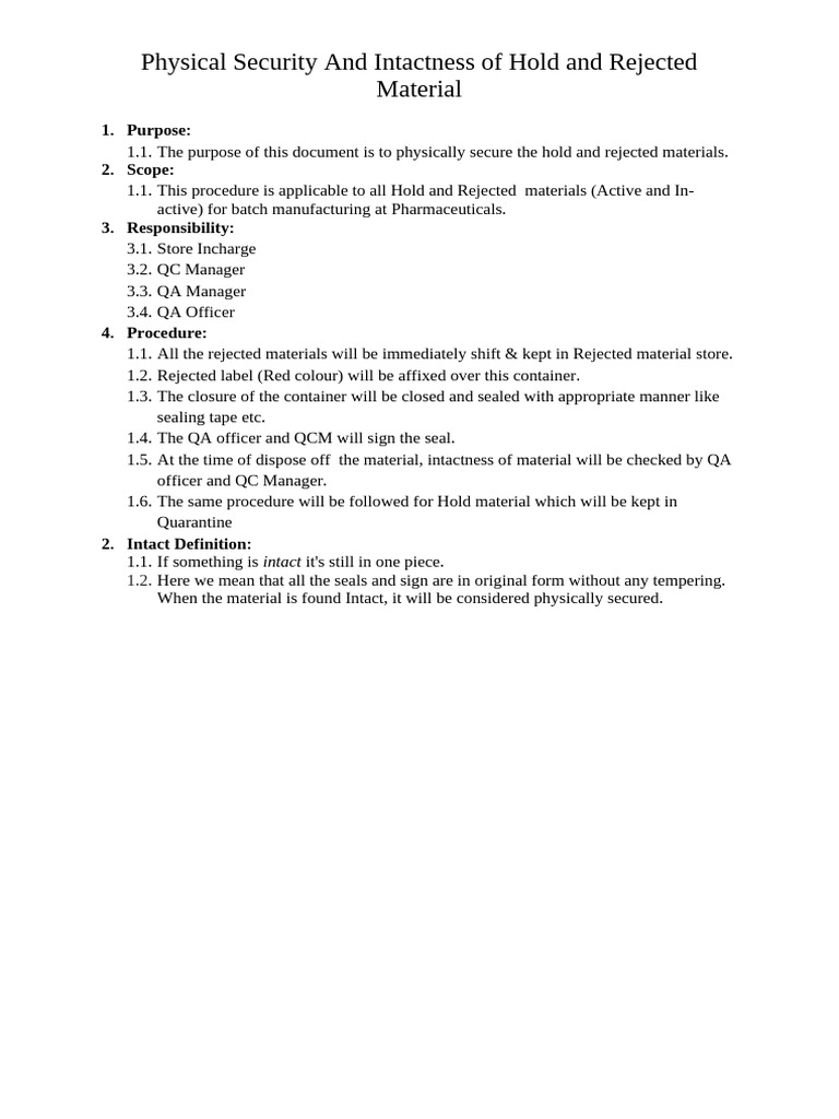 Physical Security and Intactness of Hold and Rejected Material | PDF