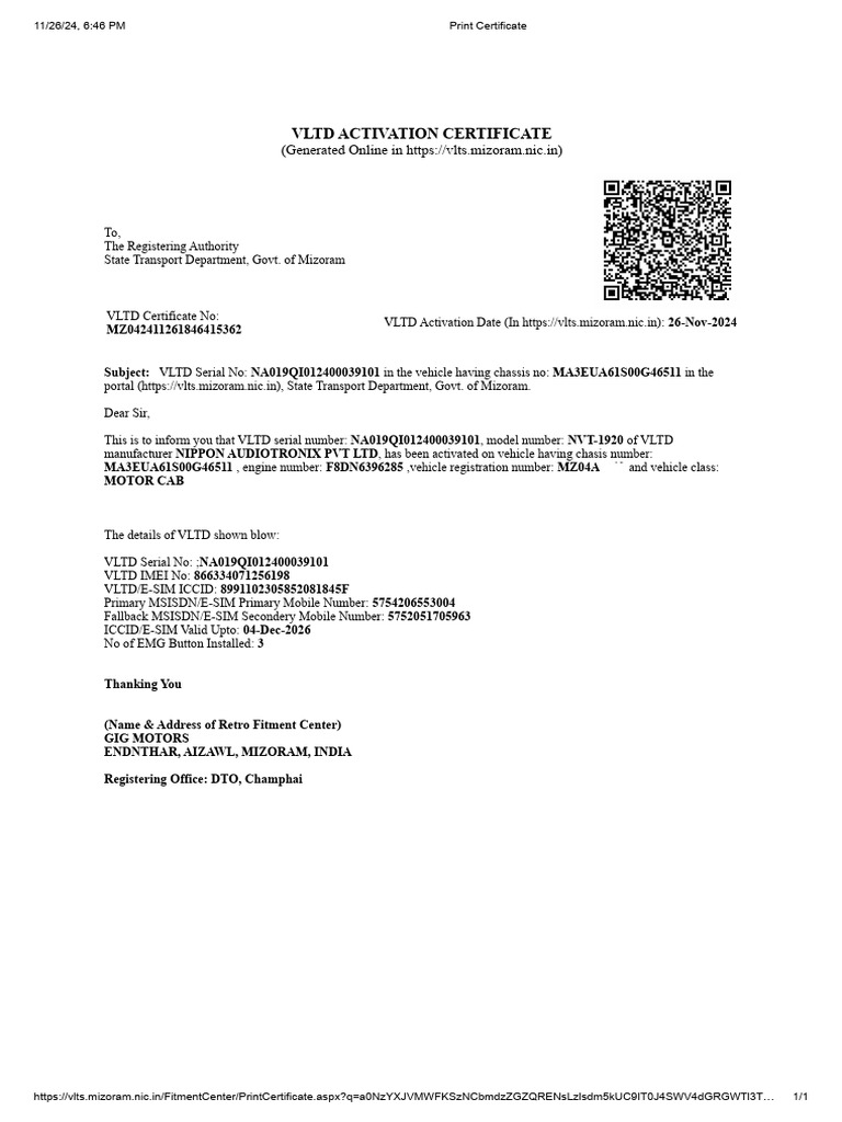 VLTD Activation Certificate: (Generated Online in Https://vlts ...
