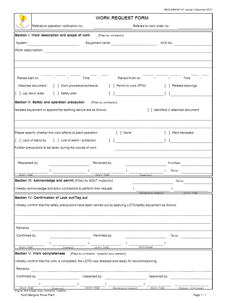 แบบฟอร์ม Work Request R.01 | PDF | Safety