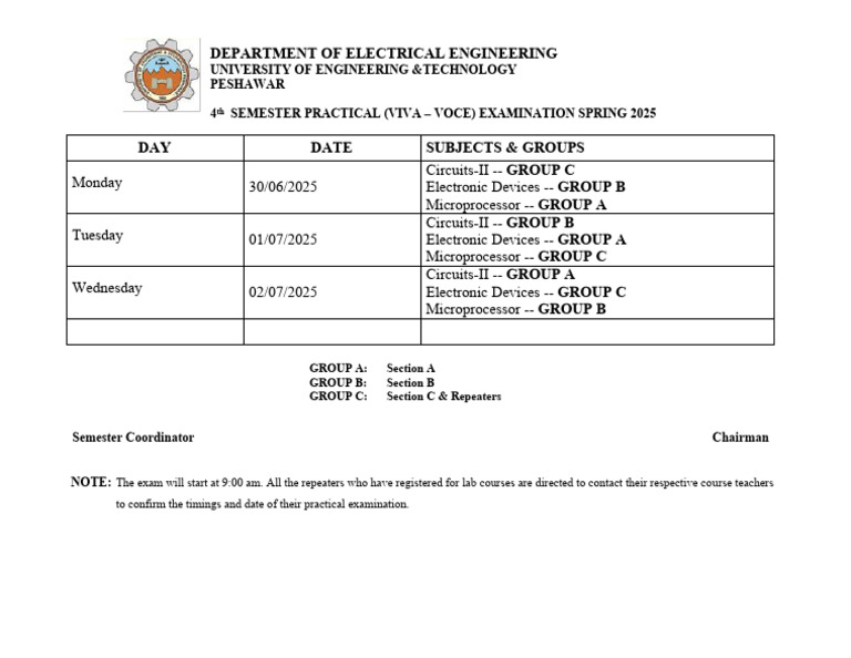 Practical Date Sheet 4th Semester Spring 2025 | PDF