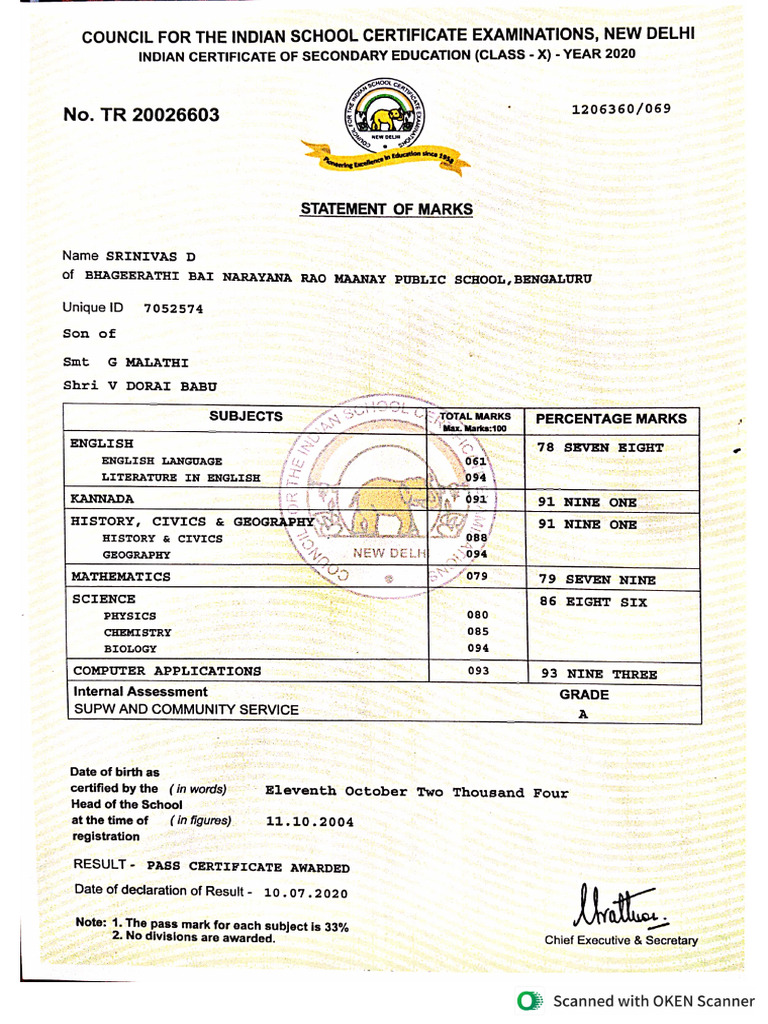 10th Marks Card | PDF