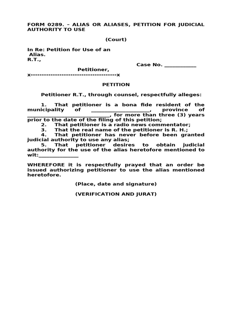 Form 0289 Alias or Aliases, Petition For Judicial Authority To Use | PDF