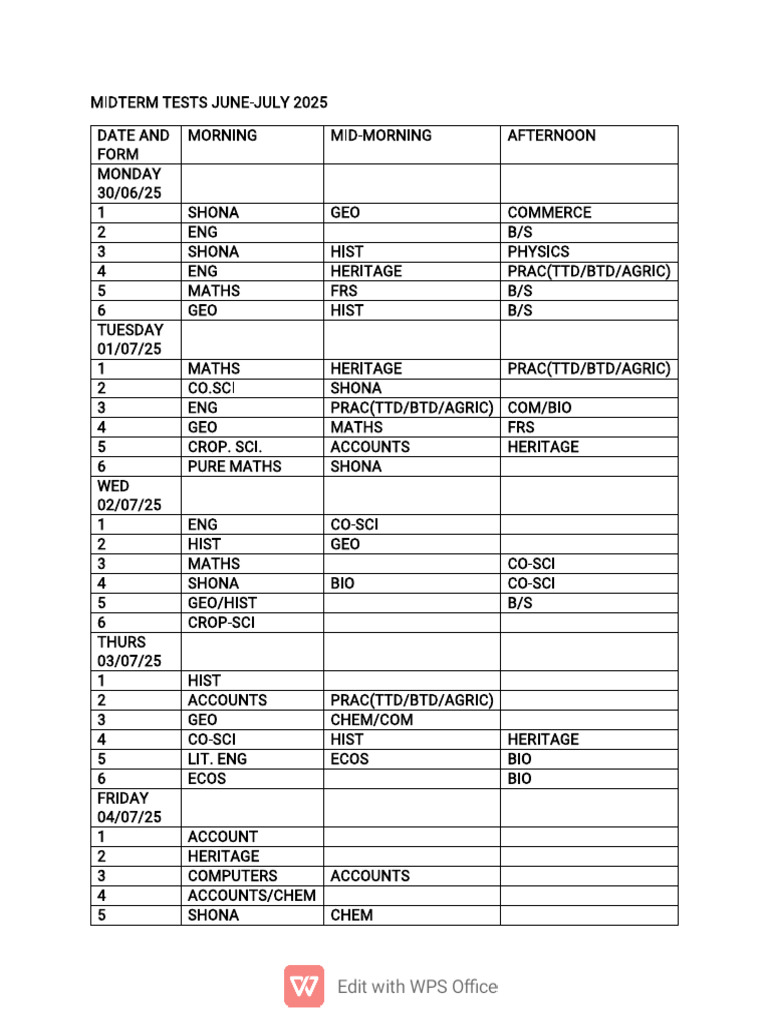 Midterm Test Schedule: July 1, 2025 | PDF
