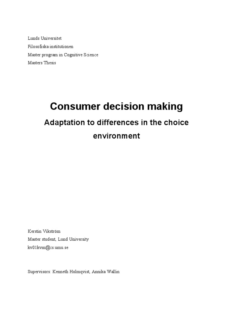 Consumer Decision Making: Adaptation To Differences in The Choice ...
