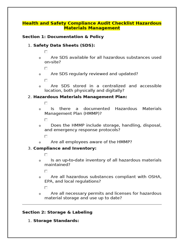 Chemical Safety Compliance Checklist | PDF | Dangerous Goods | Personal ...