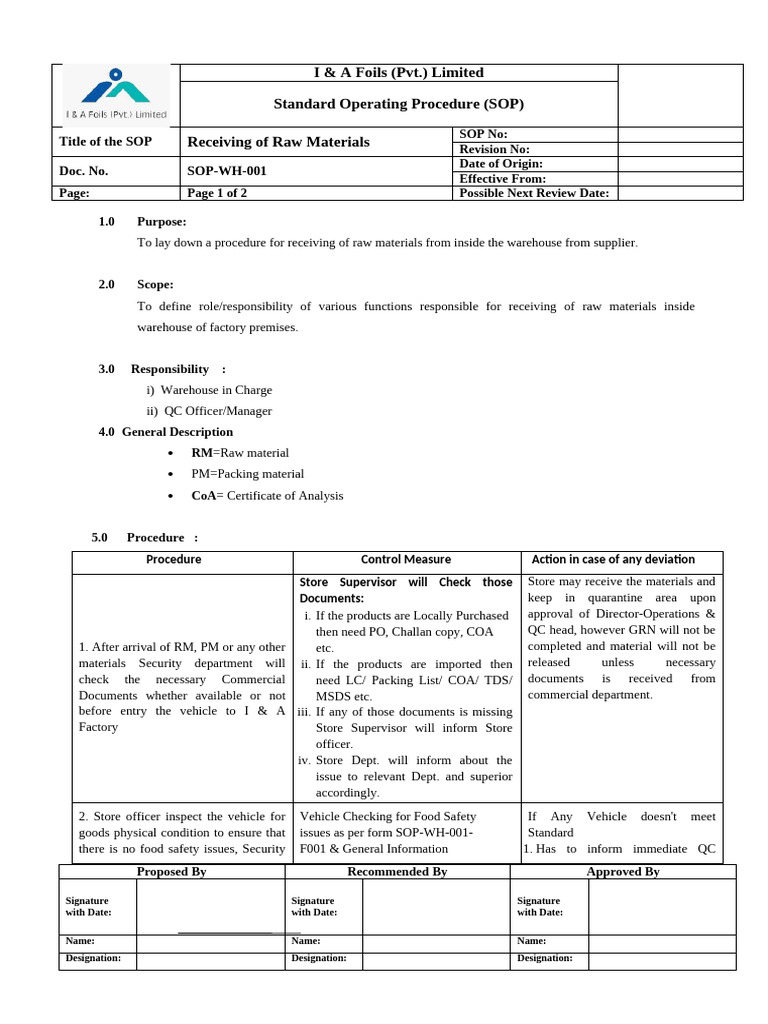 Raw Material Receiving SOP Guide | PDF | Safety