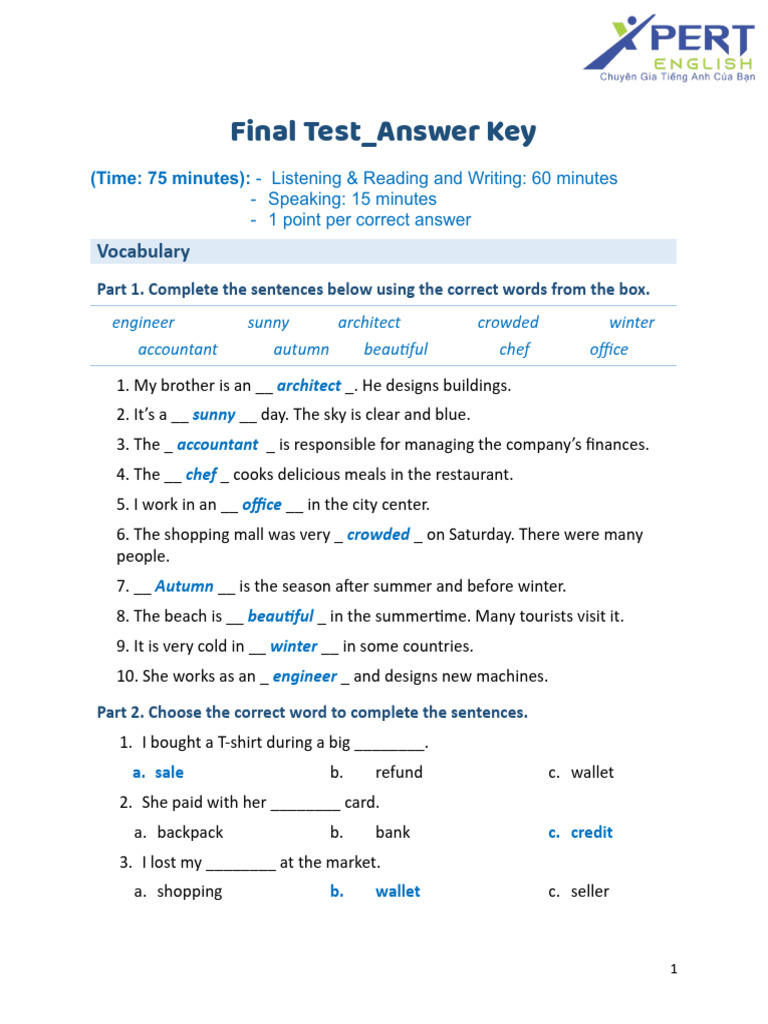 Final Test Answer Key for ESL Skills | PDF