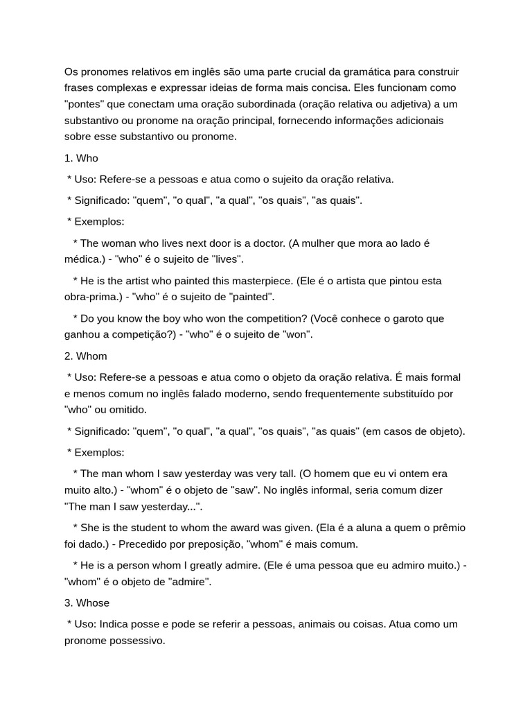 Pronomes Relativos em Inglês: Guia Completo | PDF | Pronome | Assunto ...